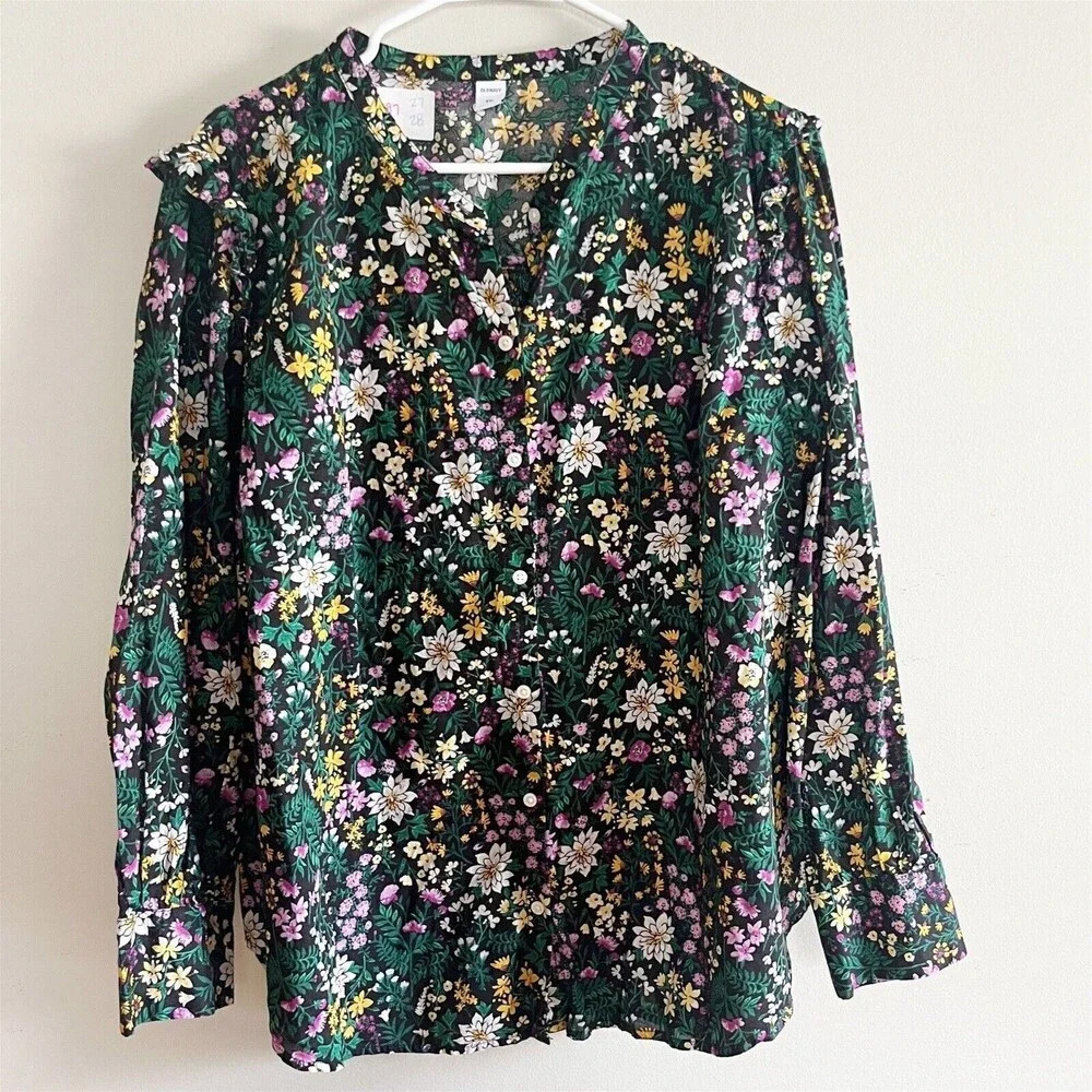 Old Navy Women’s Green Floral Top Button-Up Ruffle Peasant XXL CottageCore